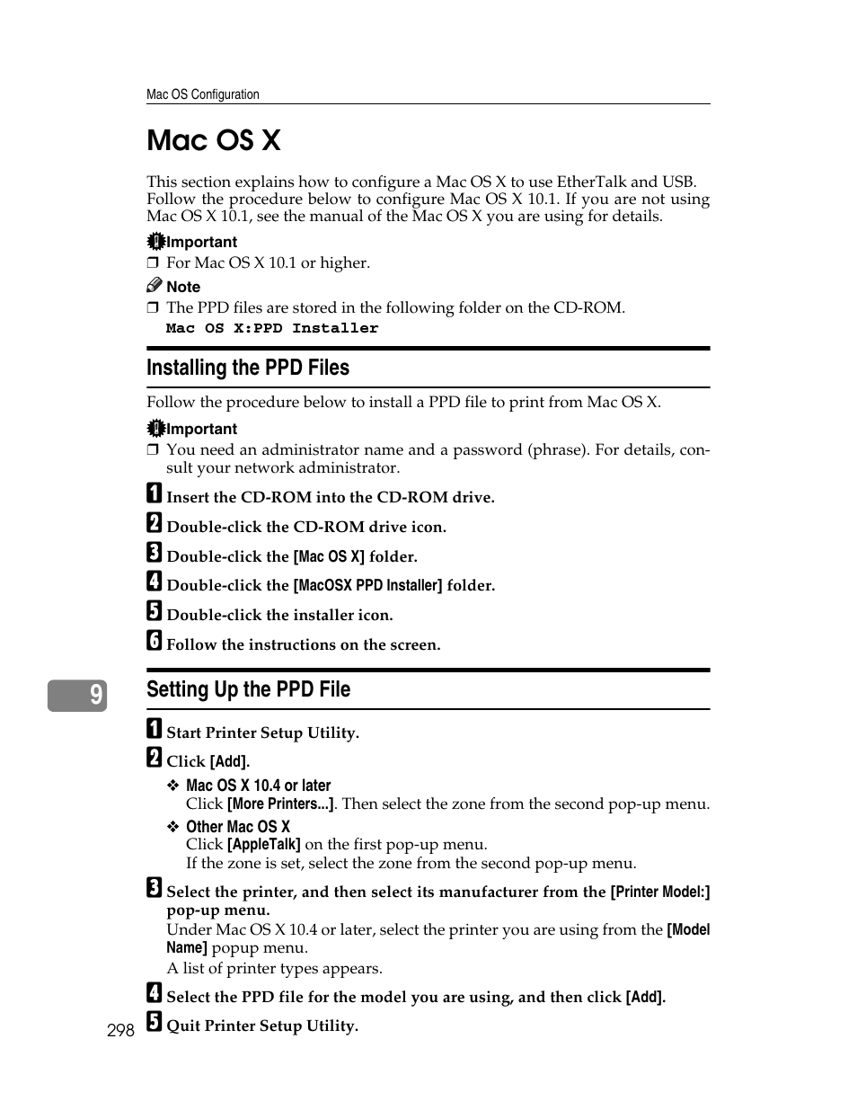 Mac os x, Installing the ppd files, Setting up the ppd file | Installing the ppd files setting up the ppd file, 9mac os x | Ricoh 220-240 V User Manual | Page 308 / 370