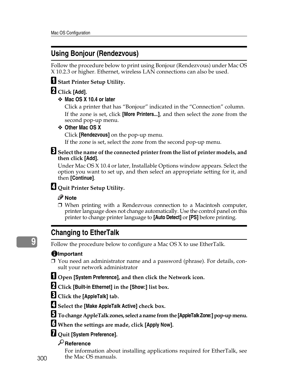 Using bonjour (rendezvous), Changing to ethertalk, Using bonjour (rendezvous) changing to ethertalk | Ricoh 220-240 V User Manual | Page 310 / 370