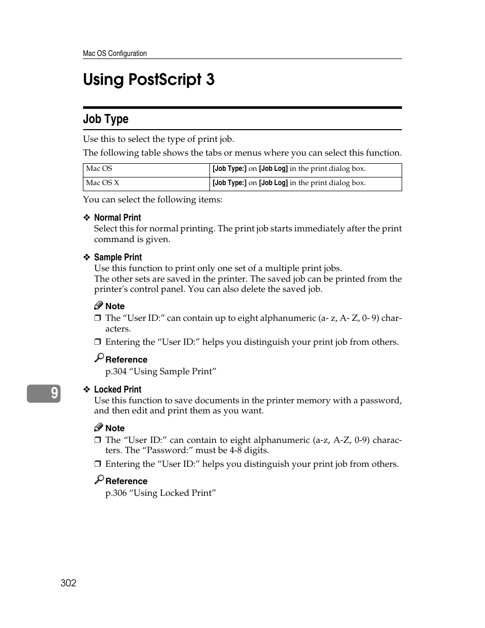 Using postscript 3, Job type, 9using postscript 3 | Ricoh 220-240 V User Manual | Page 312 / 370