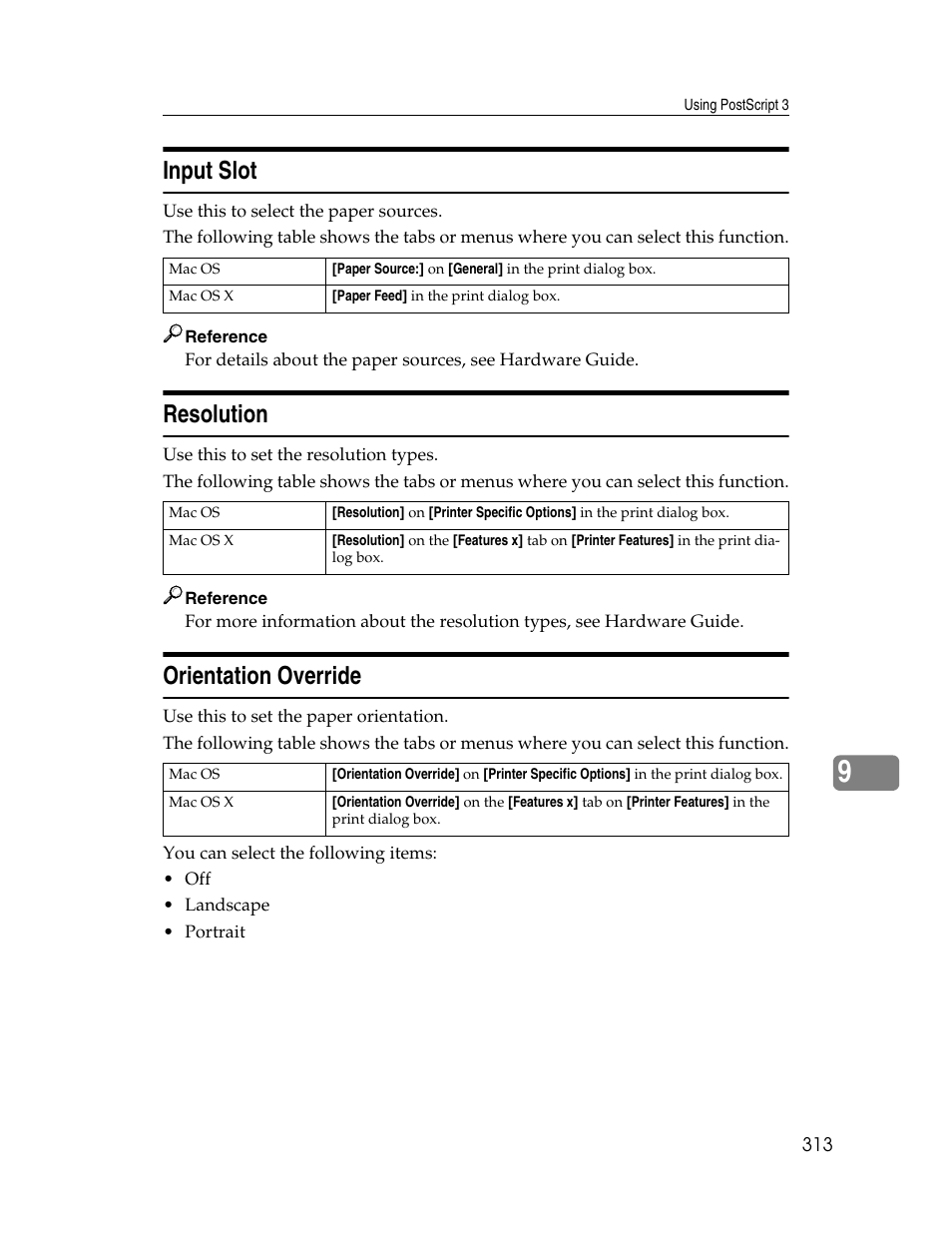 Input slot, Resolution, Orientation override | Input slot resolution orientation override | Ricoh 220-240 V User Manual | Page 323 / 370