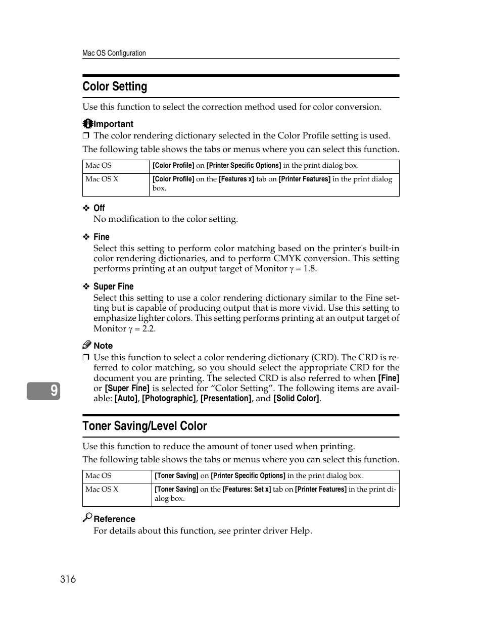 Color setting, Toner saving/level color | Ricoh 220-240 V User Manual | Page 326 / 370