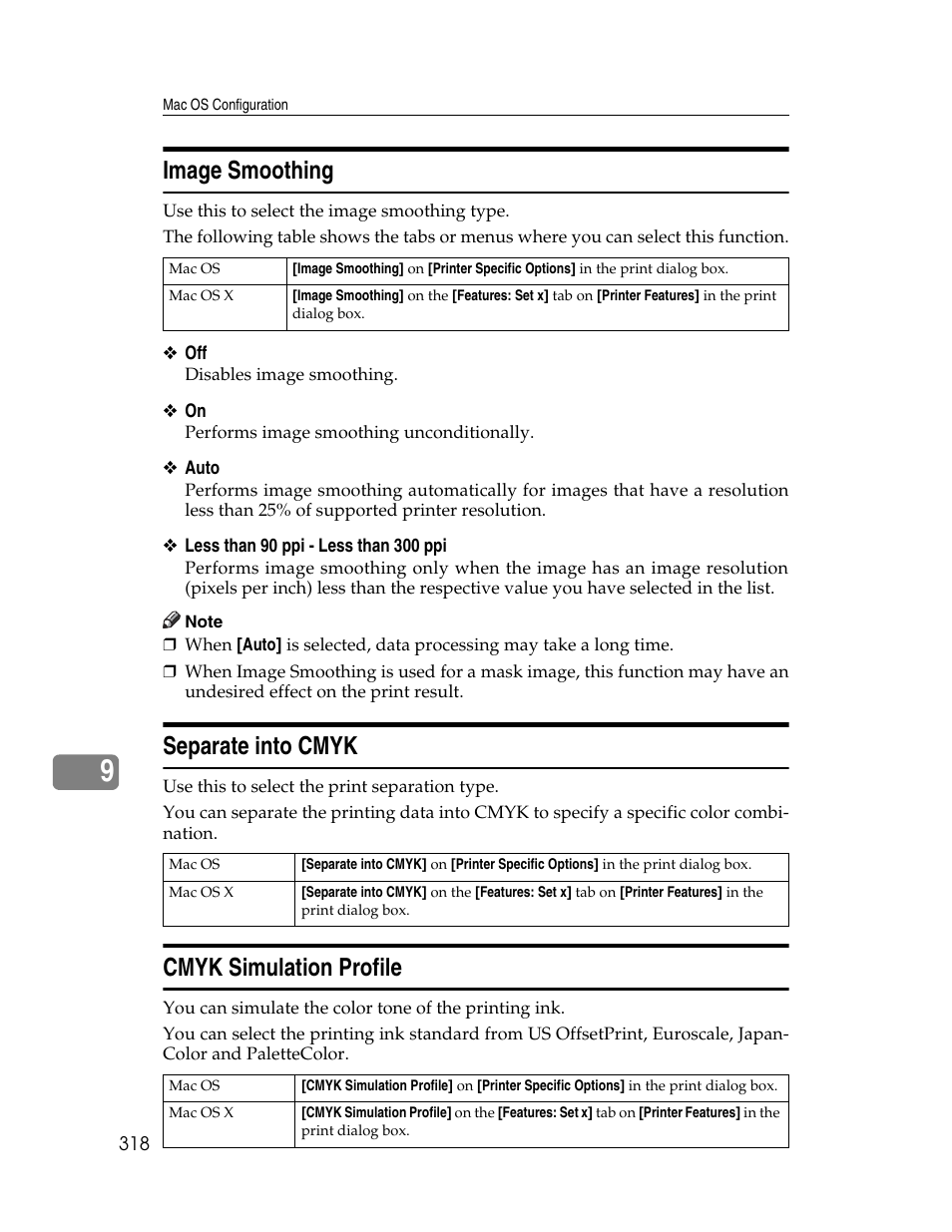 Image smoothing, Separate into cmyk, Cmyk simulation profile | Ricoh 220-240 V User Manual | Page 328 / 370