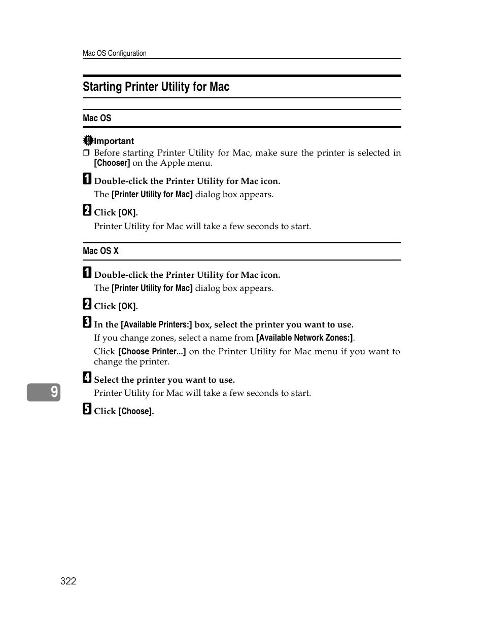 Starting printer utility for mac, Mac os, Mac os x | Ricoh 220-240 V User Manual | Page 332 / 370