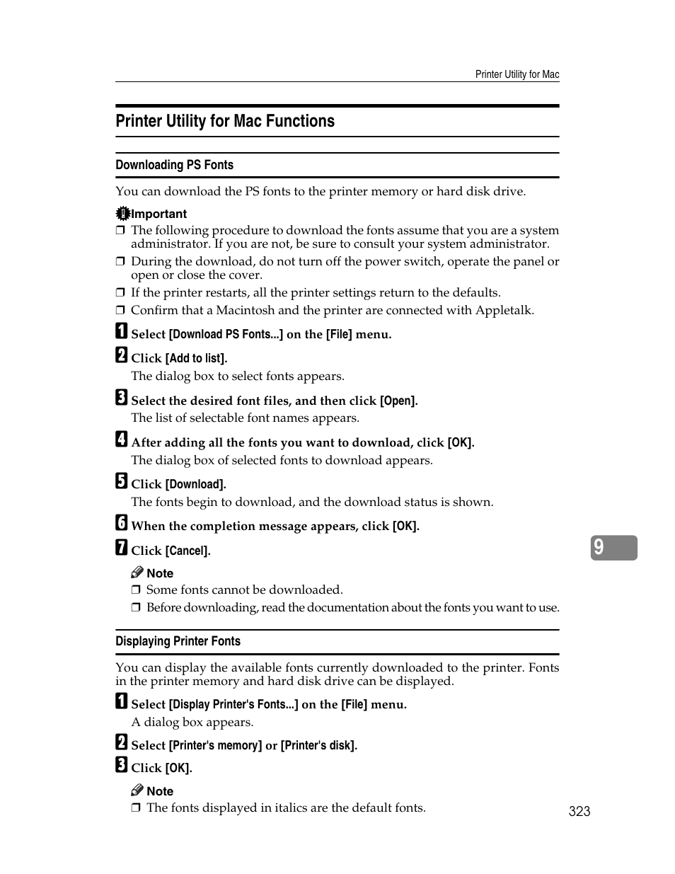 Printer utility for mac, Downloading ps fonts, Displaying printer fonts | Printer utility for mac functions | Ricoh 220-240 V User Manual | Page 333 / 370