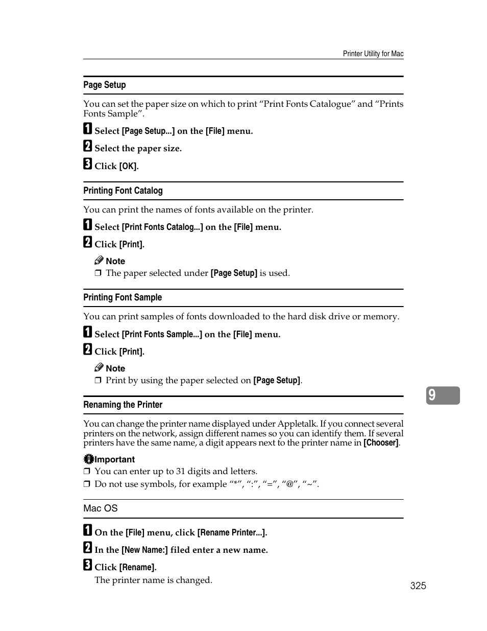 Printing font catalog, Printing font sample, Renaming the printer | Ricoh 220-240 V User Manual | Page 335 / 370