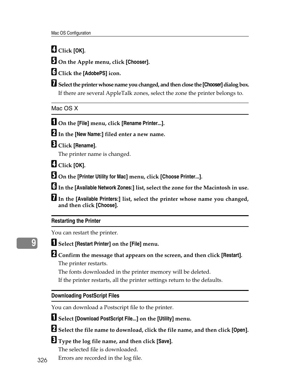 Restarting the printer, Downloading postscript files | Ricoh 220-240 V User Manual | Page 336 / 370