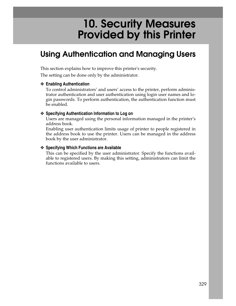 Security measures provided by this printer, Using authentication and managing users | Ricoh 220-240 V User Manual | Page 339 / 370