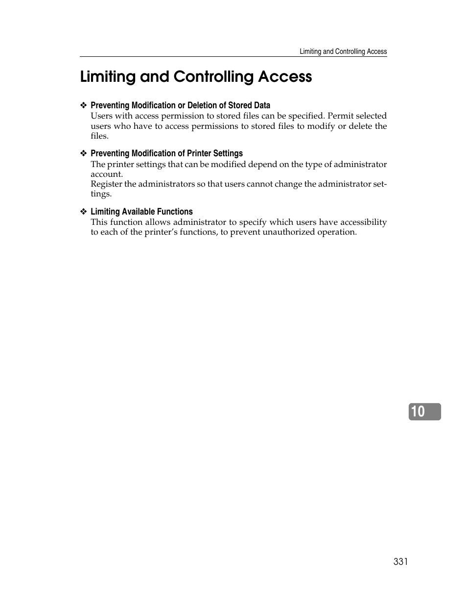 Limiting and controlling access, 10 limiting and controlling access | Ricoh 220-240 V User Manual | Page 341 / 370