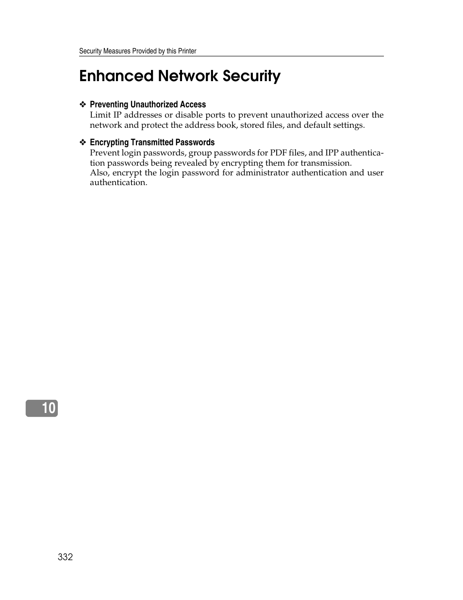 Enhanced network security, 10 enhanced network security | Ricoh 220-240 V User Manual | Page 342 / 370
