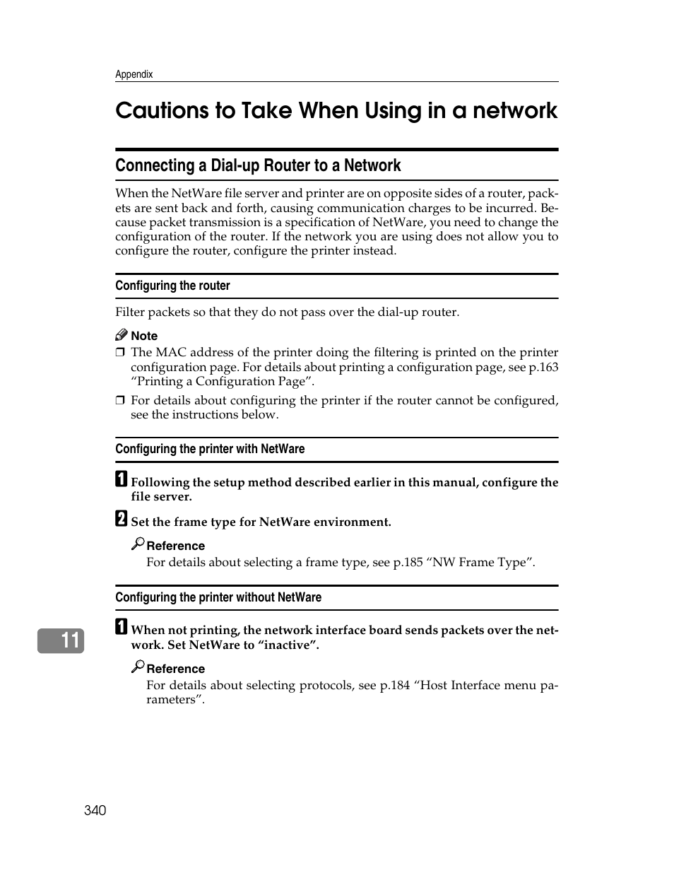 Cautions to take when using in a network, Connecting a dial-up router to a network, Configuring the router | Configuring the printer with netware, Configuring the printer without netware, 11 cautions to take when using in a network | Ricoh 220-240 V User Manual | Page 350 / 370