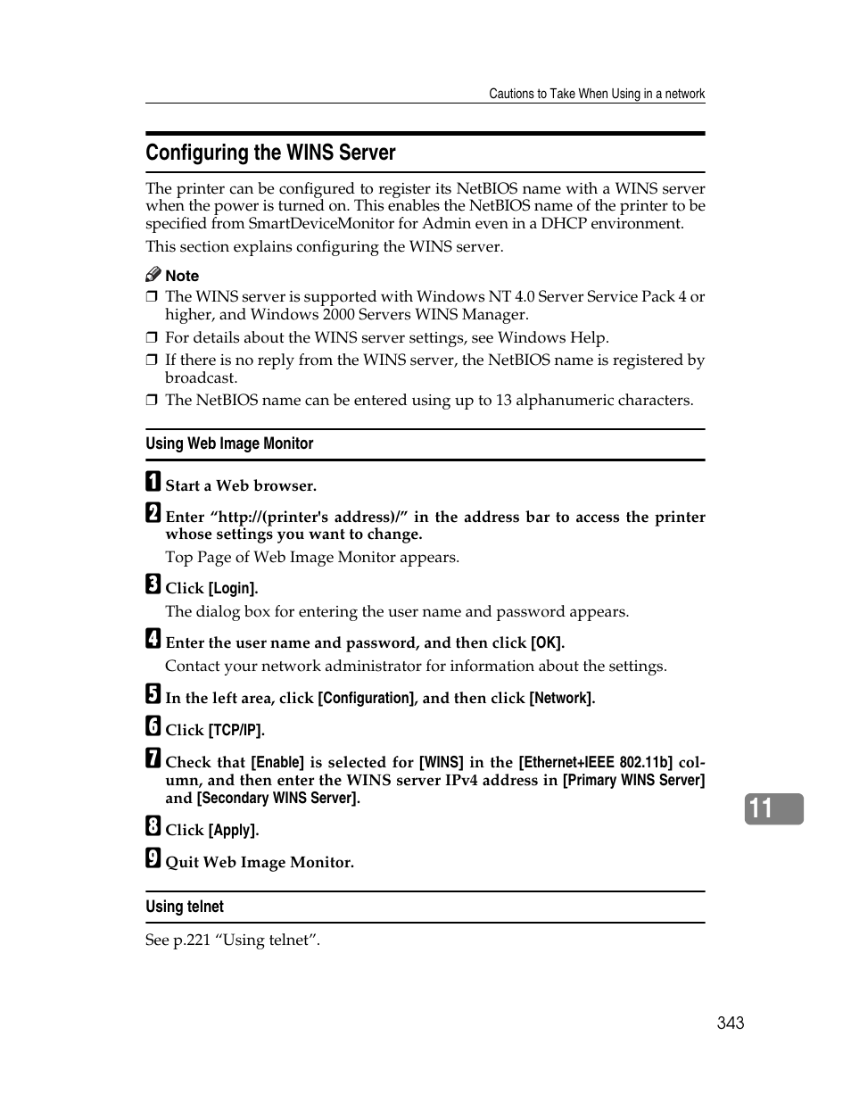 Configuring the wins server, Using web image monitor, Using telnet | Ricoh 220-240 V User Manual | Page 353 / 370