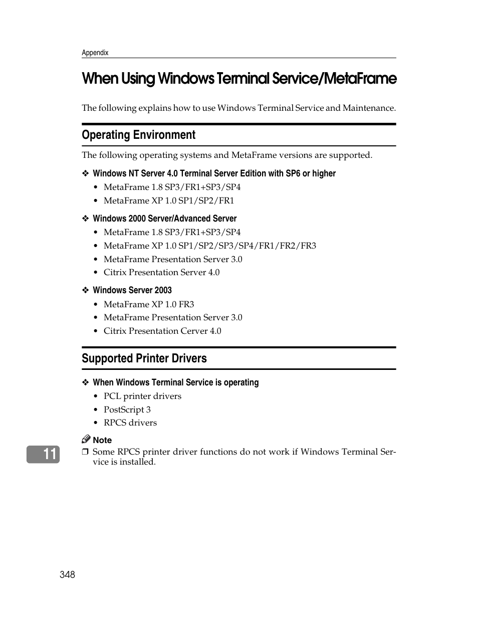 When using windows terminal service/metaframe, Operating environment, Supported printer drivers | Operating environment supported printer drivers, 11 when using windows terminal service/metaframe | Ricoh 220-240 V User Manual | Page 358 / 370