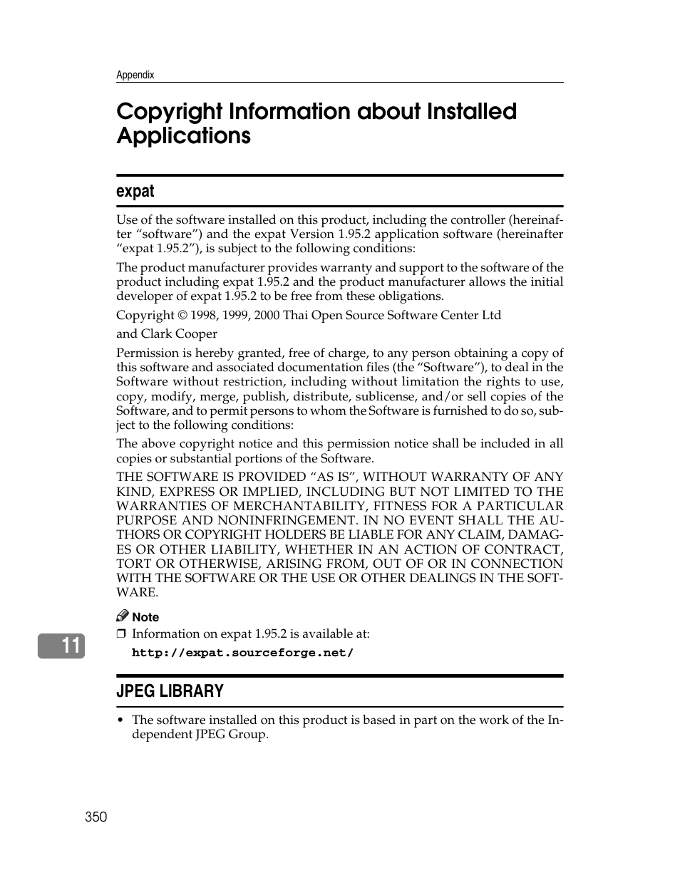 Copyright information about installed applications, Expat, Jpeg library | Expat jpeg library | Ricoh 220-240 V User Manual | Page 360 / 370