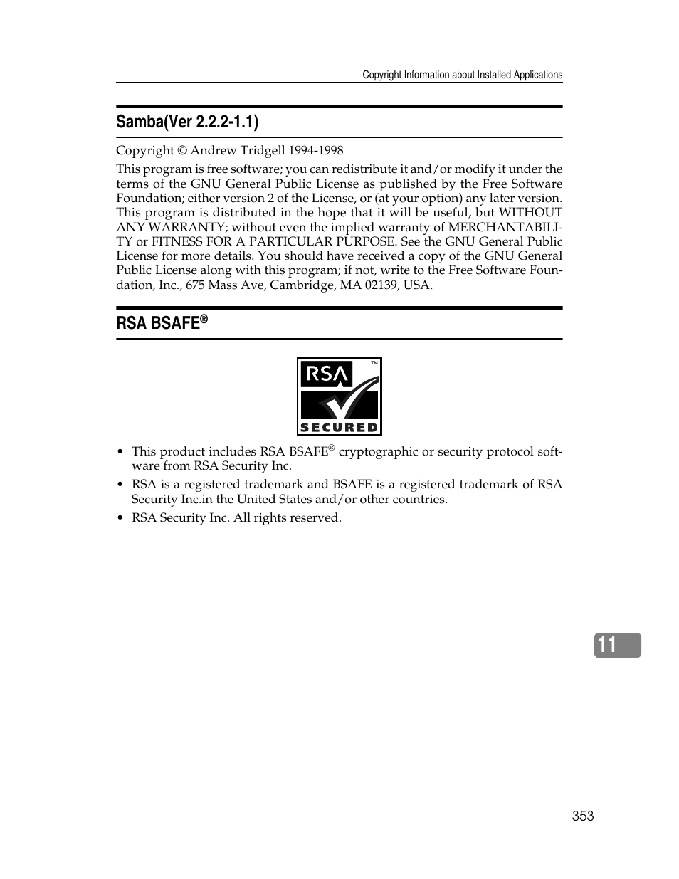 Samba(ver 2.2.2-1.1), Rsa bsafe | Ricoh 220-240 V User Manual | Page 363 / 370