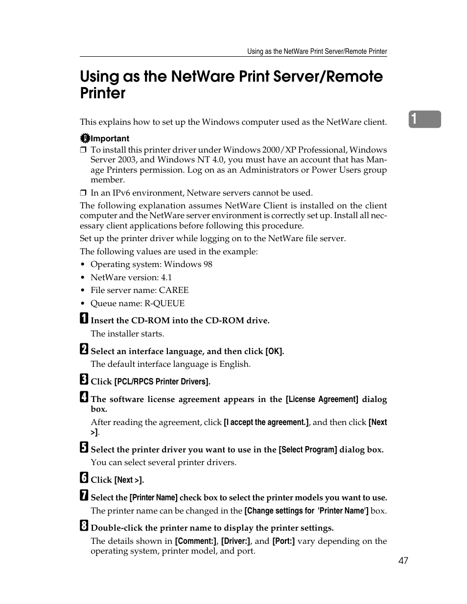 Using as the netware print server/remote printer, 1using as the netware print server/remote printer | Ricoh 220-240 V User Manual | Page 57 / 370