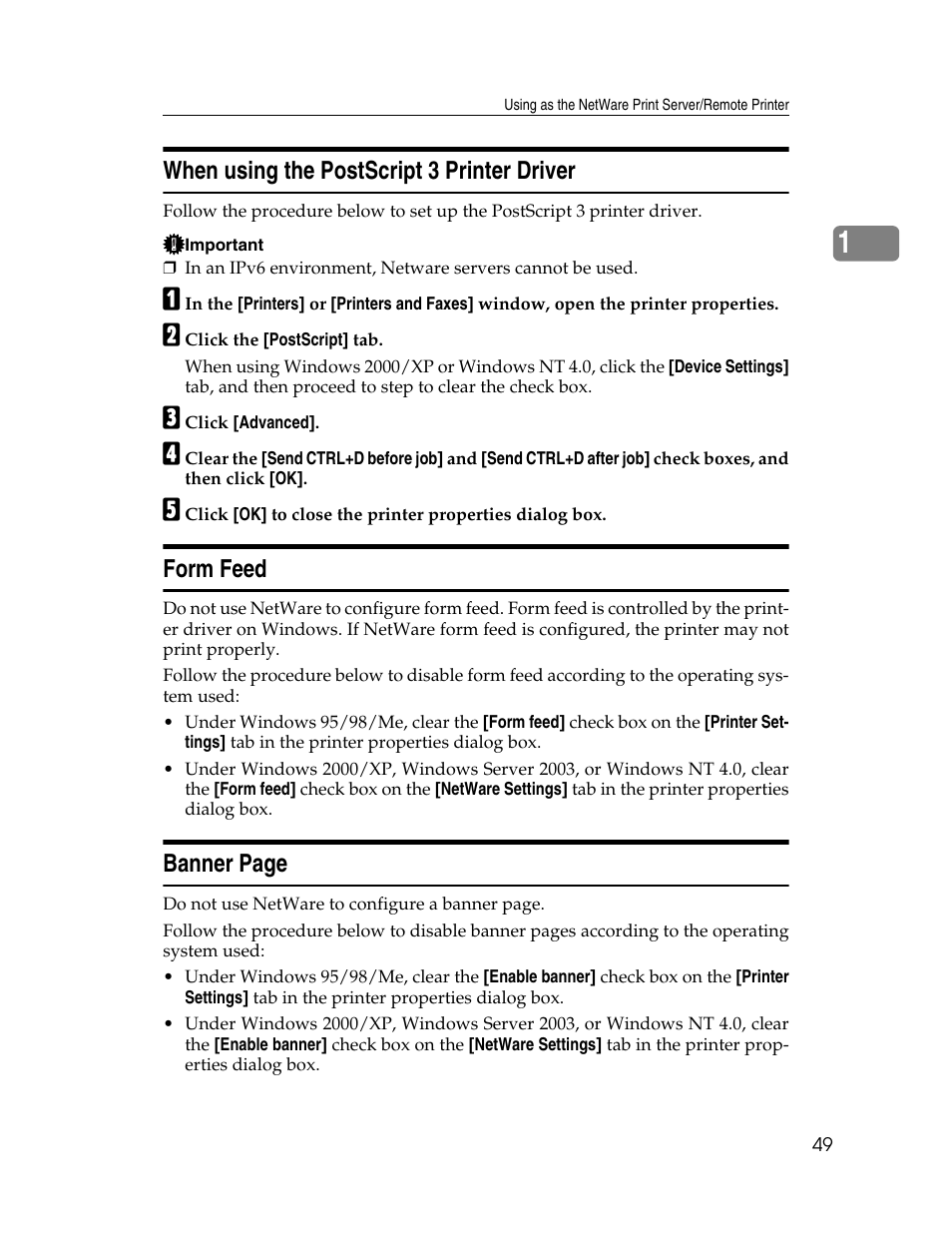 When using the postscript 3 printer driver, Form feed, Banner page | Ricoh 220-240 V User Manual | Page 59 / 370