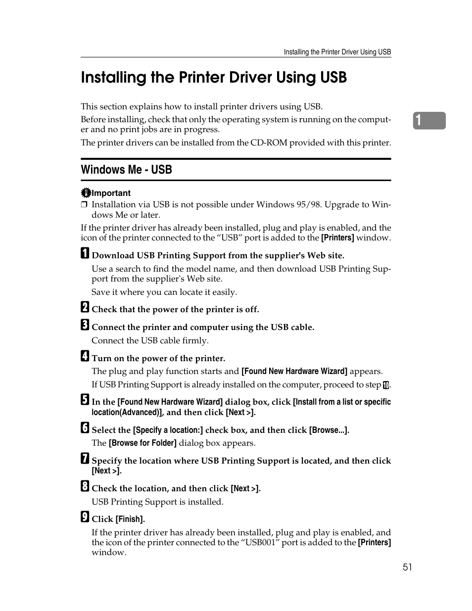 Installing the printer driver using usb, Windows me - usb, 1installing the printer driver using usb | Ricoh 220-240 V User Manual | Page 61 / 370