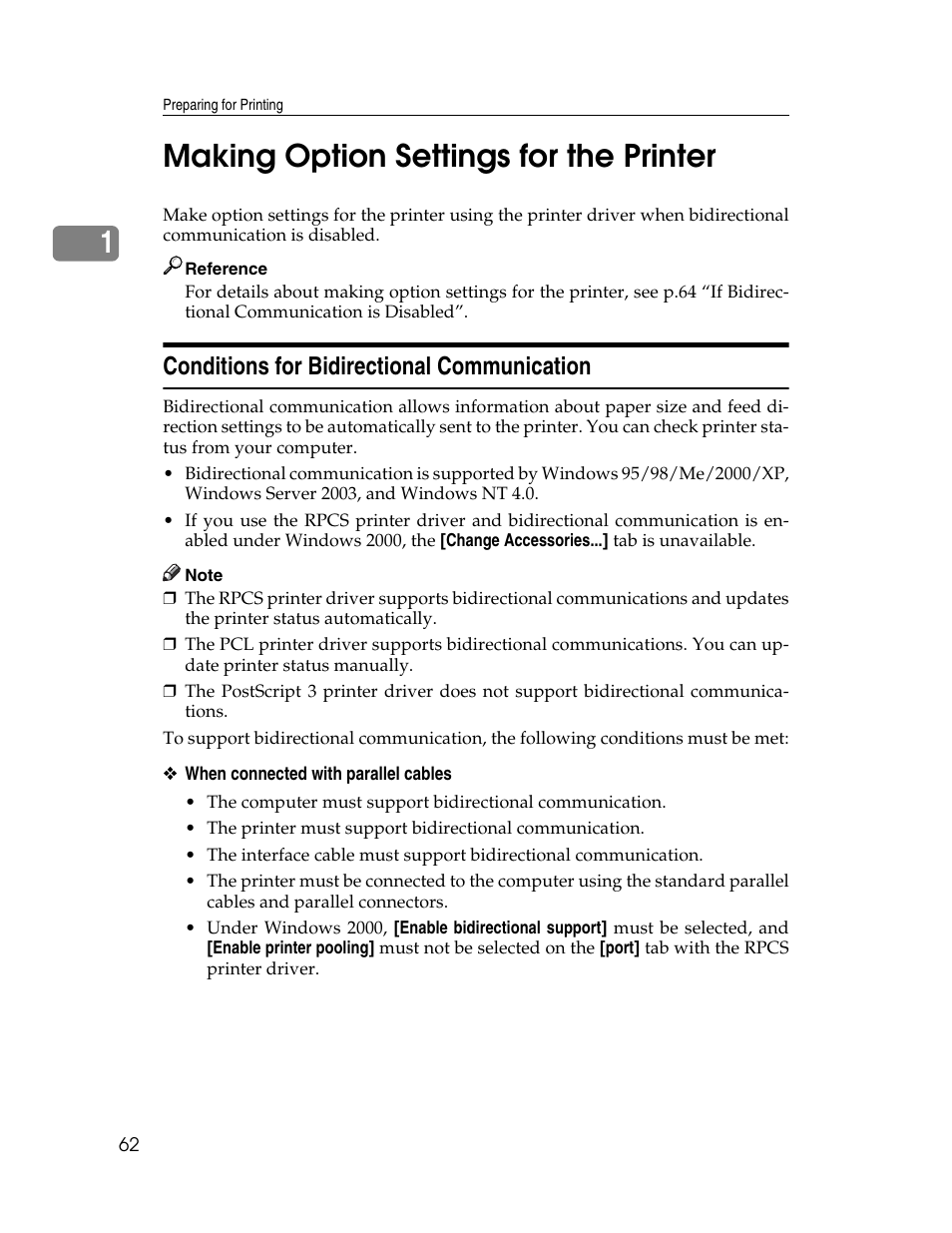 Making option settings for the printer, Conditions for bidirectional communication, 1making option settings for the printer | Ricoh 220-240 V User Manual | Page 72 / 370