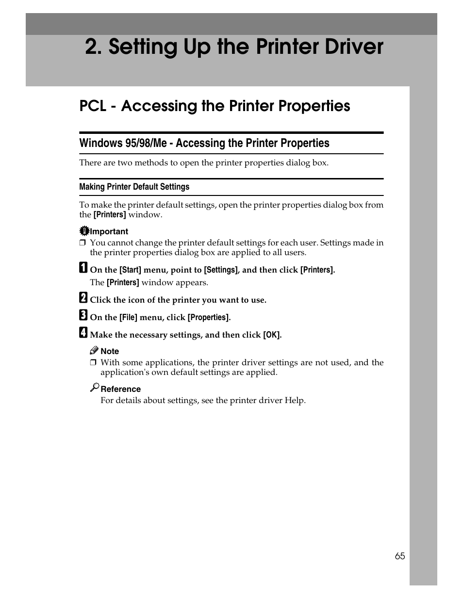 Setting up the printer driver, Pcl - accessing the printer properties, Making printer default settings | Ricoh 220-240 V User Manual | Page 75 / 370