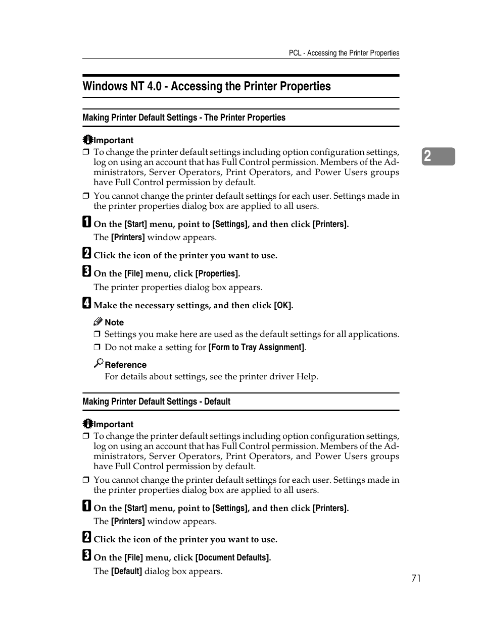 Windows nt 4.0 - accessing the printer properties, Making printer default settings - default | Ricoh 220-240 V User Manual | Page 81 / 370