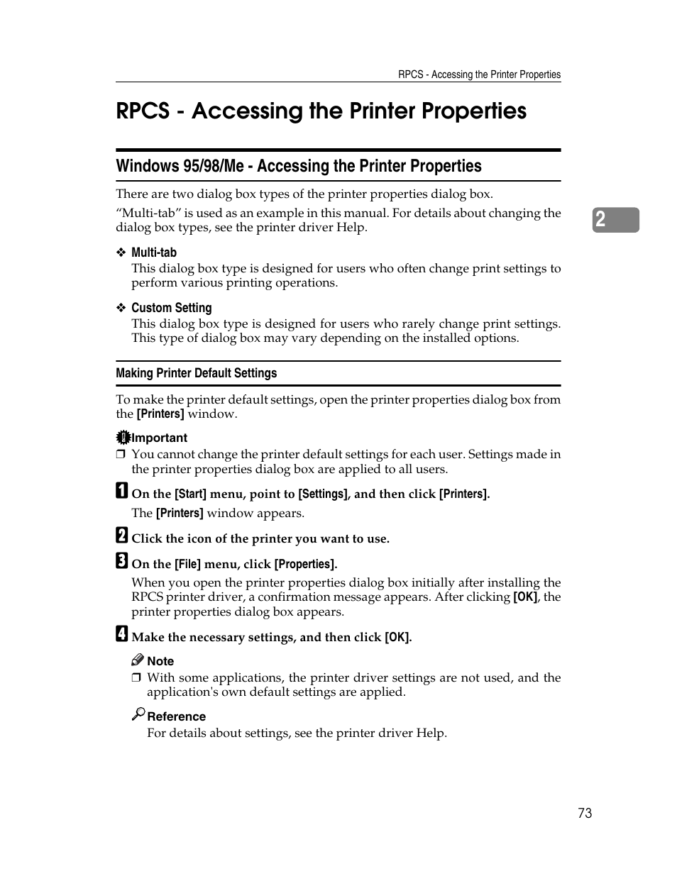 Rpcs - accessing the printer properties, Making printer default settings, 2rpcs - accessing the printer properties | Ricoh 220-240 V User Manual | Page 83 / 370