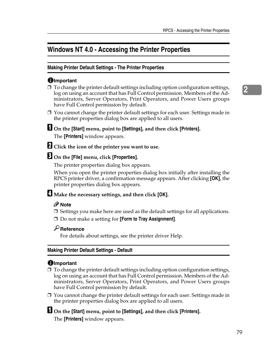 Windows nt 4.0 - accessing the printer properties, Making printer default settings - default | Ricoh 220-240 V User Manual | Page 89 / 370