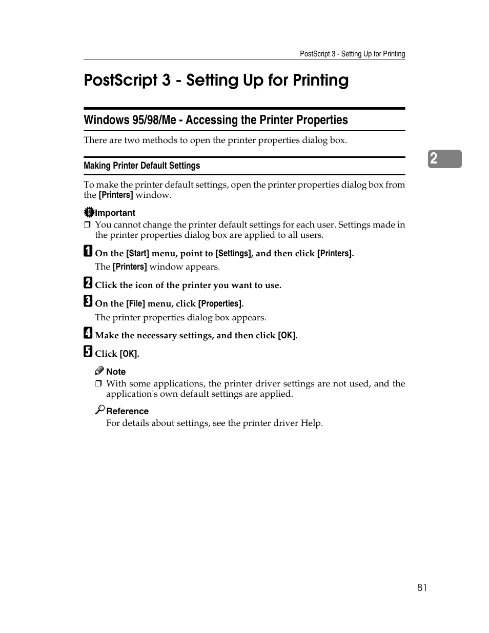 Postscript 3 - setting up for printing, Making printer default settings, 2postscript 3 - setting up for printing | Ricoh 220-240 V User Manual | Page 91 / 370