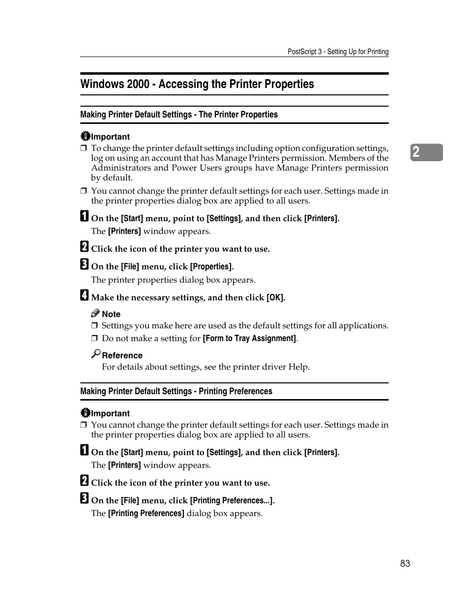 Windows 2000 - accessing the printer properties | Ricoh 220-240 V User Manual | Page 93 / 370