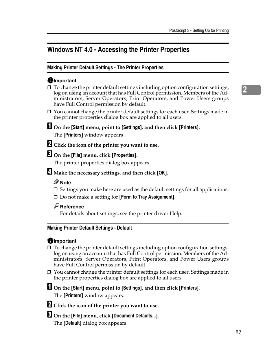 Windows nt 4.0 - accessing the printer properties, Making printer default settings - default | Ricoh 220-240 V User Manual | Page 97 / 370