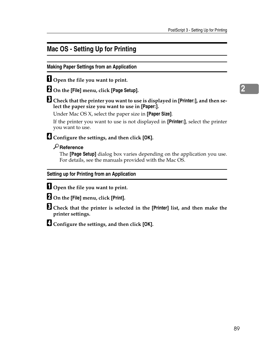 Mac os - setting up for printing, Making paper settings from an application, Setting up for printing from an application | Ricoh 220-240 V User Manual | Page 99 / 370