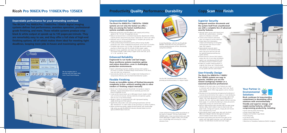 Unprecedented speed, Enhanced reliability, Flexible finishing | Superior security, User-friendly design, Your partner in environmental solutions | Ricoh Pro 906EX User Manual | Page 3 / 6
