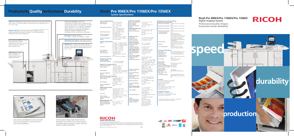 Speed, Durability, Production | Productivity quality performance durability, System specifications | Ricoh Pro 906EX User Manual | Page 5 / 6