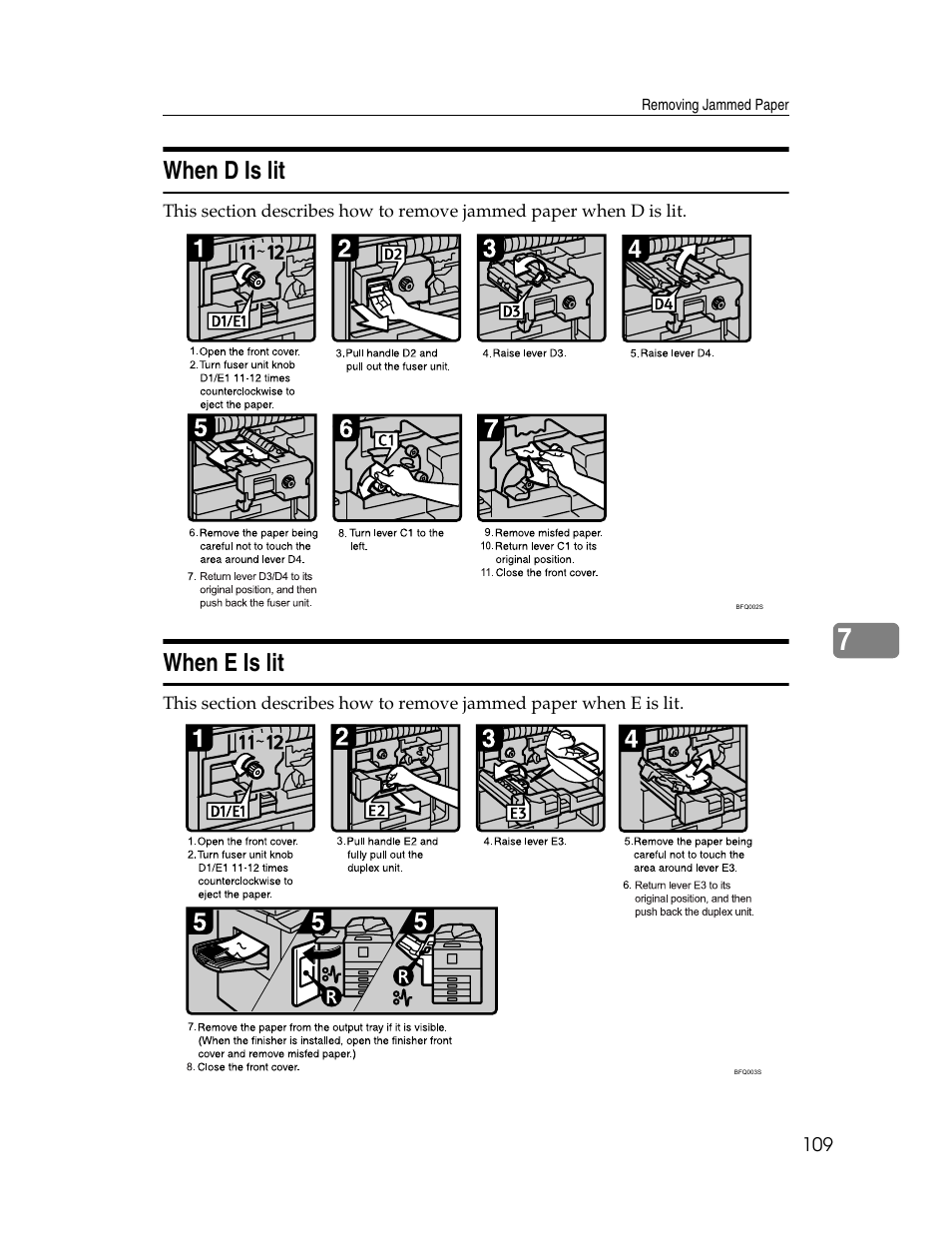 When d is lit, When e is lit, When d is lit when e is lit | P.109 “when d is lit” p.109 “when e is lit | Ricoh Aficio 8060 User Manual | Page 117 / 144