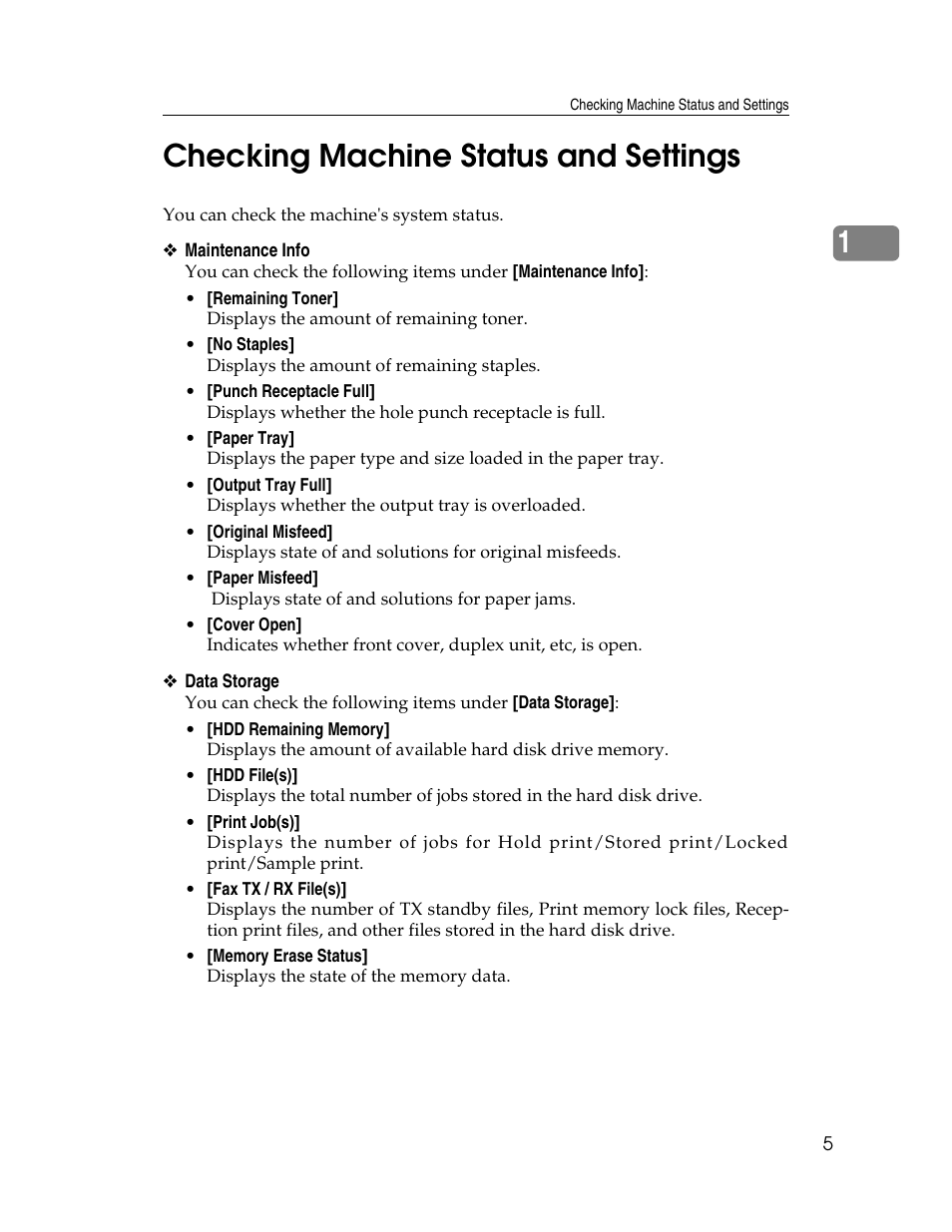 Checking machine status and settings, 1checking machine status and settings | Ricoh Aficio 8060 User Manual | Page 13 / 144