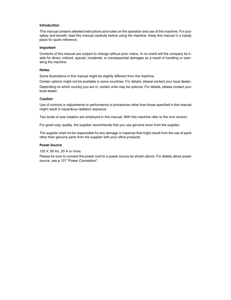 Introduction, Important, Notes | Caution, Power source | Ricoh Aficio 8060 User Manual | Page 2 / 144