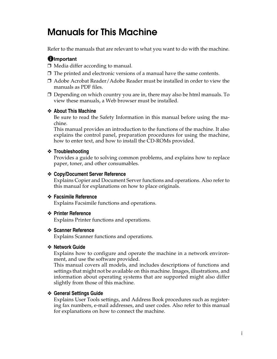 Manuals for this machine | Ricoh Aficio 8060 User Manual | Page 3 / 144