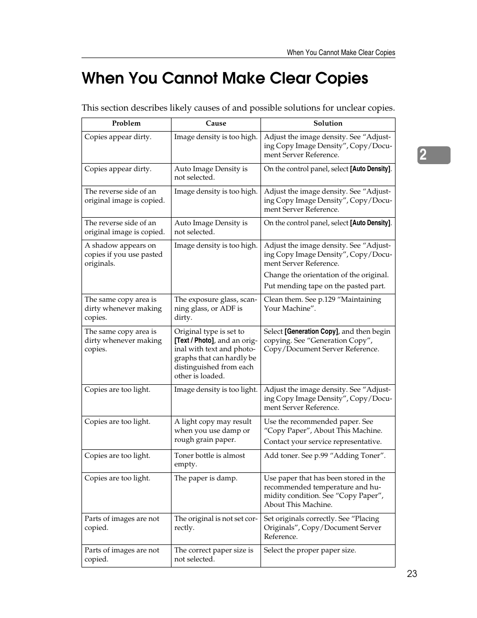 When you cannot make clear copies, 2when you cannot make clear copies | Ricoh Aficio 8060 User Manual | Page 31 / 144