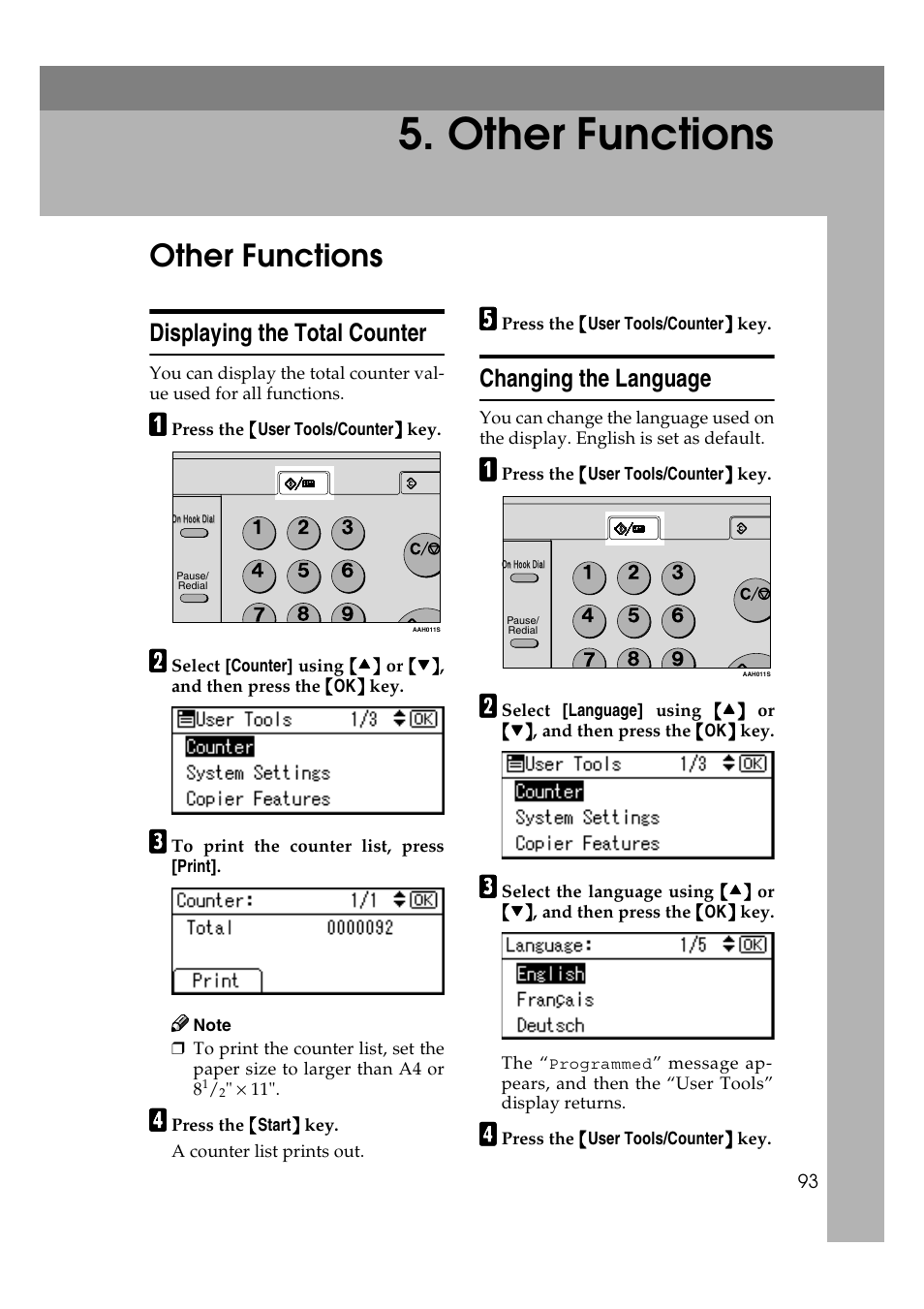  other functions, Other functions, Displaying the total counter | Changing the language, Printing with windows, Displaying the total counter changing the language, P.93 “other functions | Ricoh Aficio 2018D User Manual | Page 105 / 814