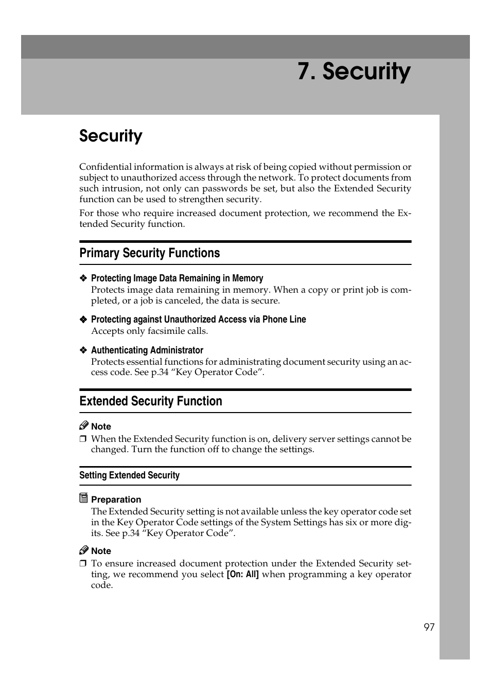  security, Security, Primary security functions | Extended security function, Setting extended security | Ricoh Aficio 2018D User Manual | Page 109 / 814