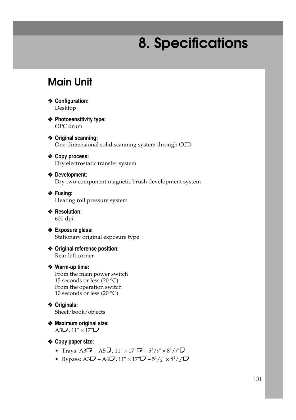  specifications, Main unit, Specifications | Ricoh Aficio 2018D User Manual | Page 113 / 814