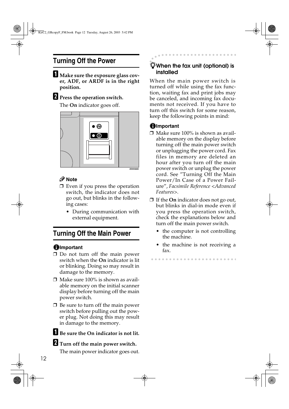 Turning off the power, Turning off the main power | Ricoh Aficio 2018D User Manual | Page 150 / 814