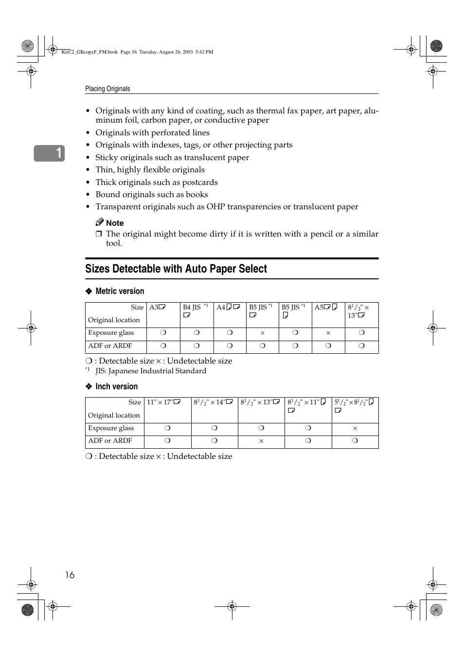 Sizes detectable with auto paper select | Ricoh Aficio 2018D User Manual | Page 154 / 814