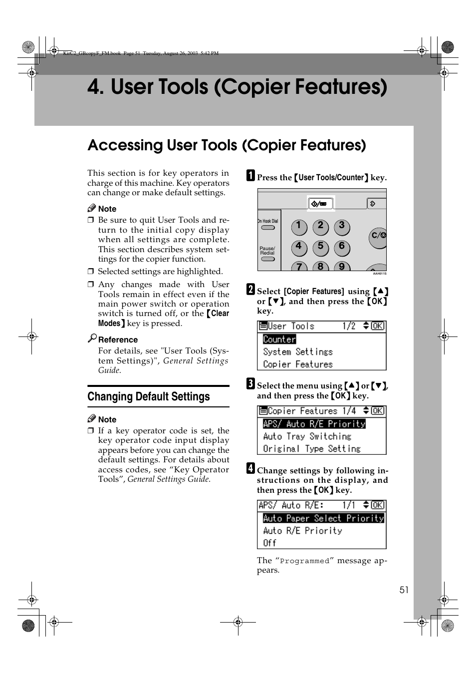 User tools (copier features), Accessing user tools (copier features), Changing default settings | Ricoh Aficio 2018D User Manual | Page 189 / 814