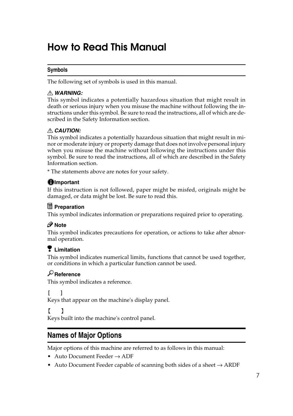 How to read this manual, Symbols, Names of major options | Ricoh Aficio 2018D User Manual | Page 19 / 814