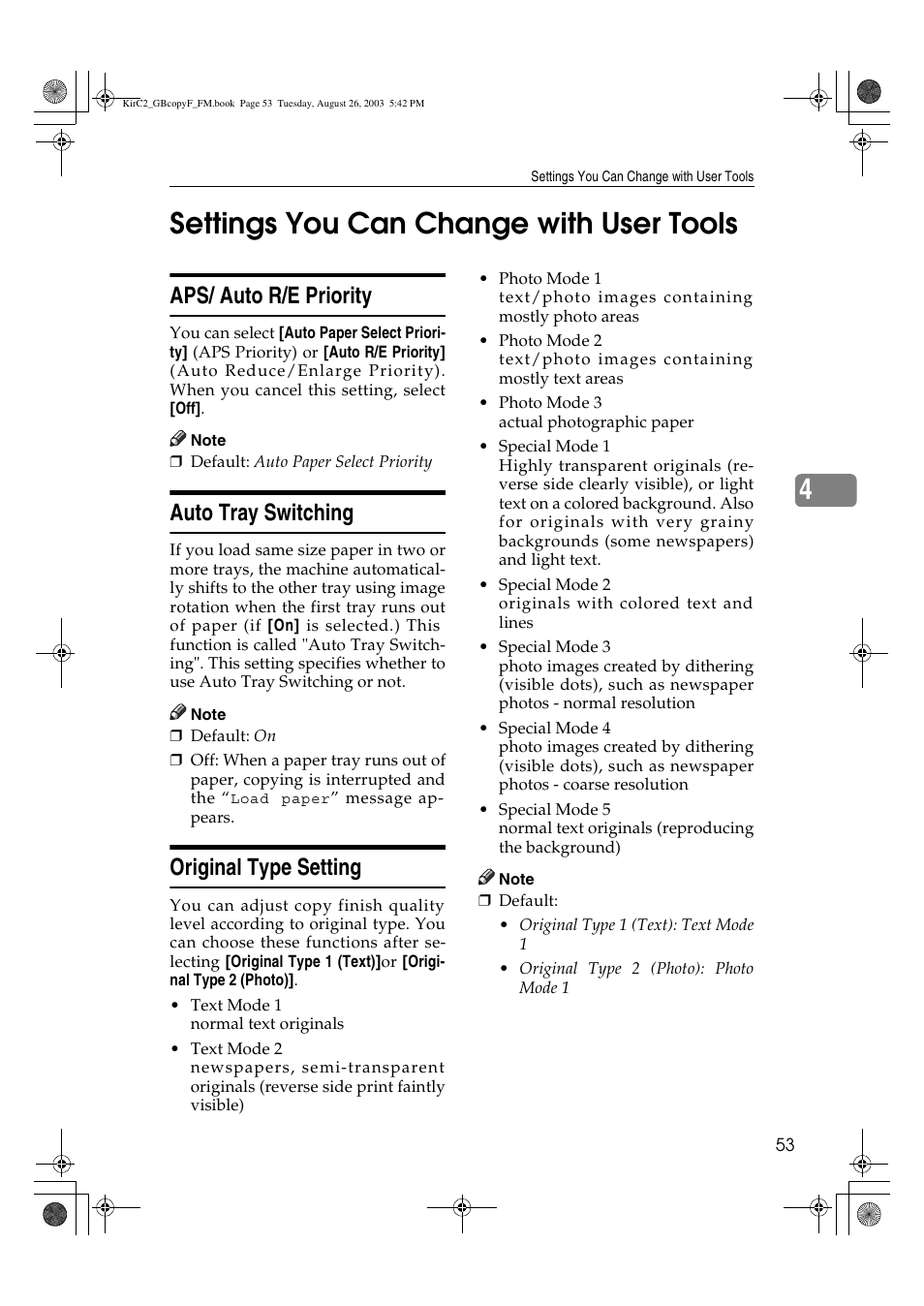 Settings you can change with user tools, 4settings you can change with user tools, Aps/ auto r/e priority | Auto tray switching, Original type setting | Ricoh Aficio 2018D User Manual | Page 191 / 814