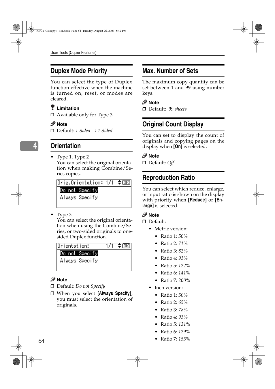 Duplex mode priority, Orientation, Max. number of sets | Original count display, Reproduction ratio | Ricoh Aficio 2018D User Manual | Page 192 / 814