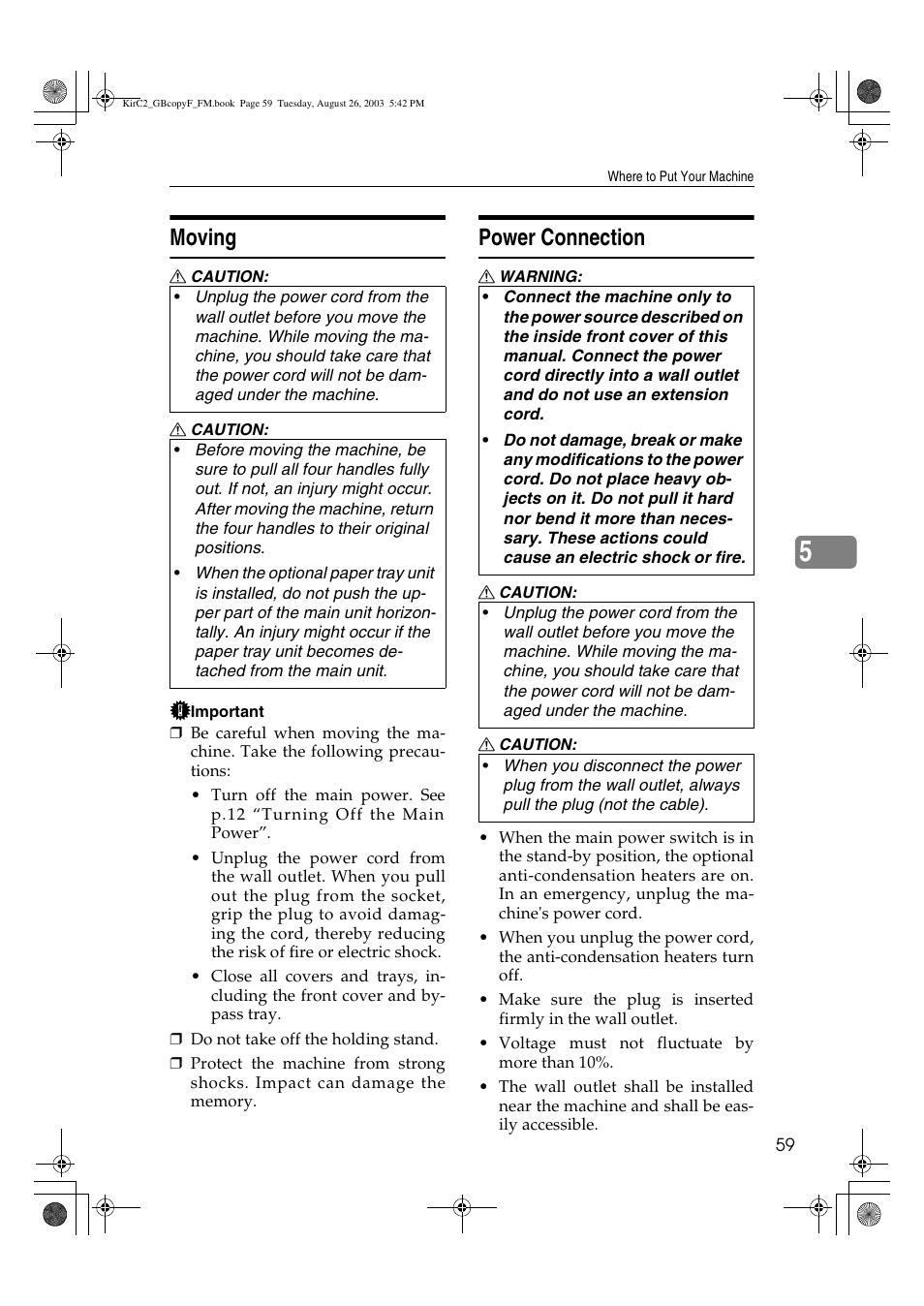 Moving, Power connection | Ricoh Aficio 2018D User Manual | Page 197 / 814