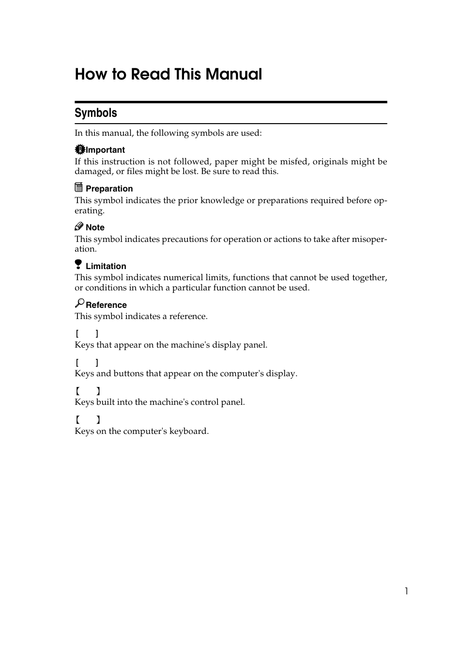 How to read this manual, Symbols | Ricoh Aficio 2018D User Manual | Page 217 / 814