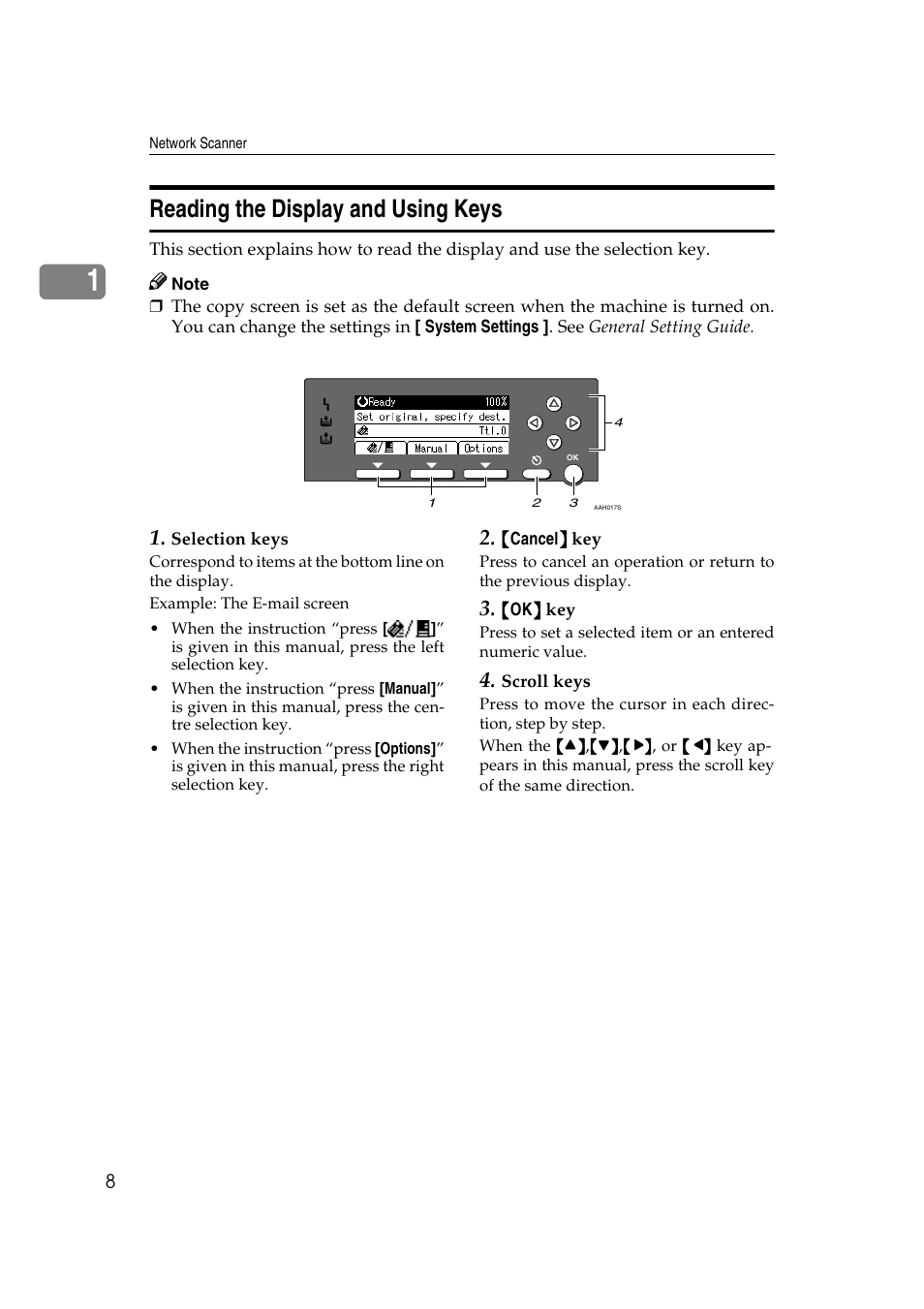 Reading the display and using keys | Ricoh Aficio 2018D User Manual | Page 224 / 814