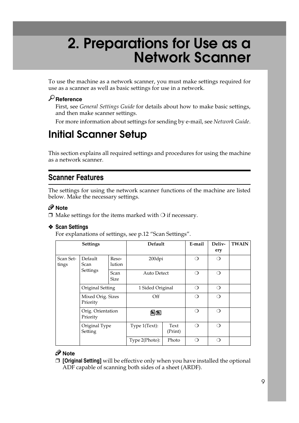  preparations for use as a network scanner, Initial scanner setup, Scanner features | Preparations for use as a network scanner | Ricoh Aficio 2018D User Manual | Page 225 / 814